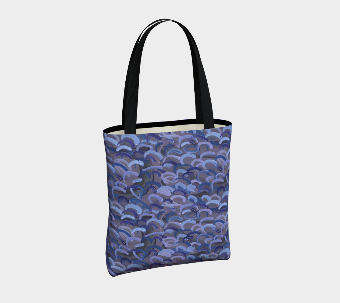 Unlined Totebag of Evan's original abstract artwork of Gray with light blue, dark blue, and lavender swirls.