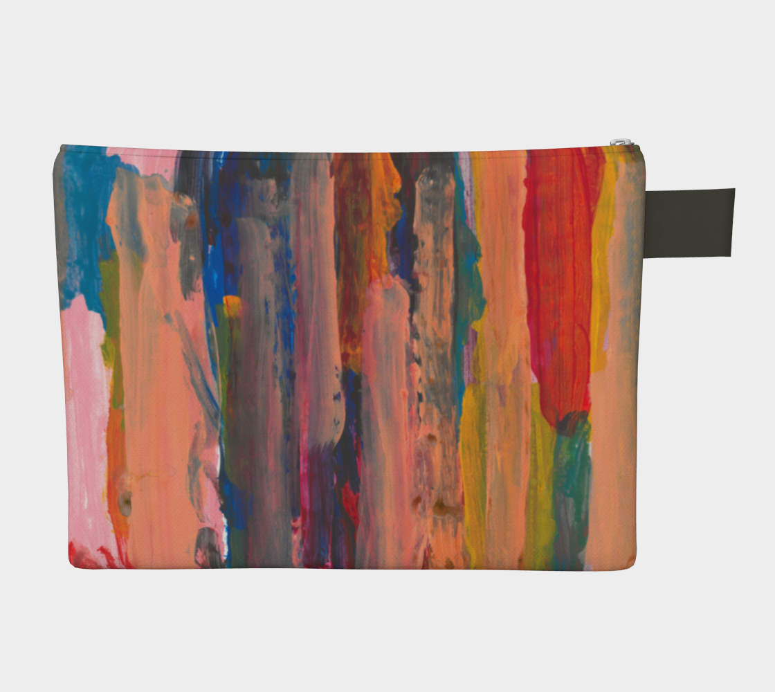 zipper pouch with Layers of vertical brushstrokes overlapping. In the center the background is a dark blue, to the left is yellow, and the right is pink. The top layer of brushstrokes are mostly a pale pink