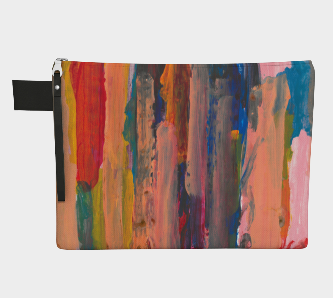 zipper pouch with Layers of vertical brushstrokes overlapping. In the center the background is a dark blue, to the left is yellow, and the right is pink. The top layer of brushstrokes are mostly a pale pink