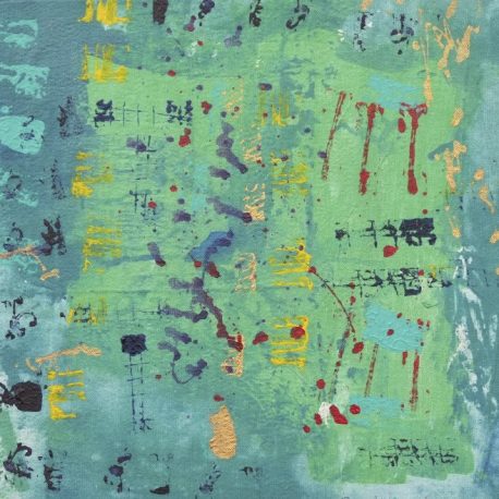 Acrylic on canvas artwork with a light green background beneath small splotches of yellow, purple and red