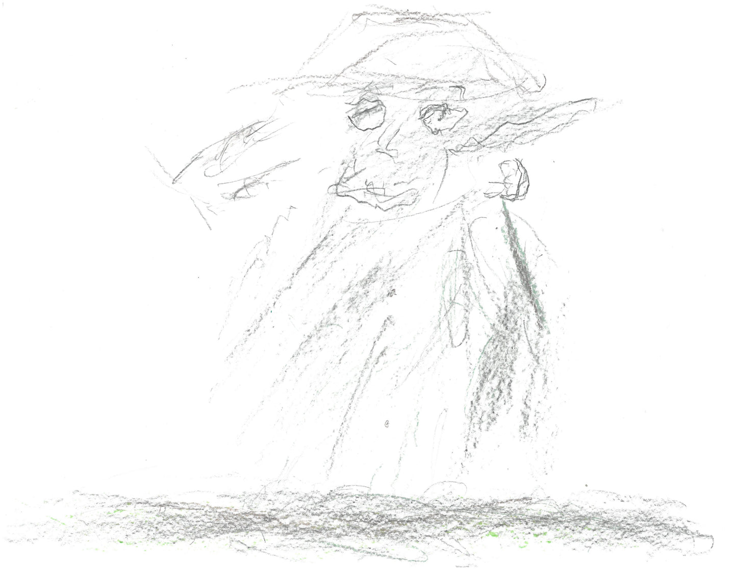 Graphite drawing of a person with a hat and coat standing. The facial features are drawn darker and finer than the shaded outlines. There are faint buttons drawn going down the torso of the person