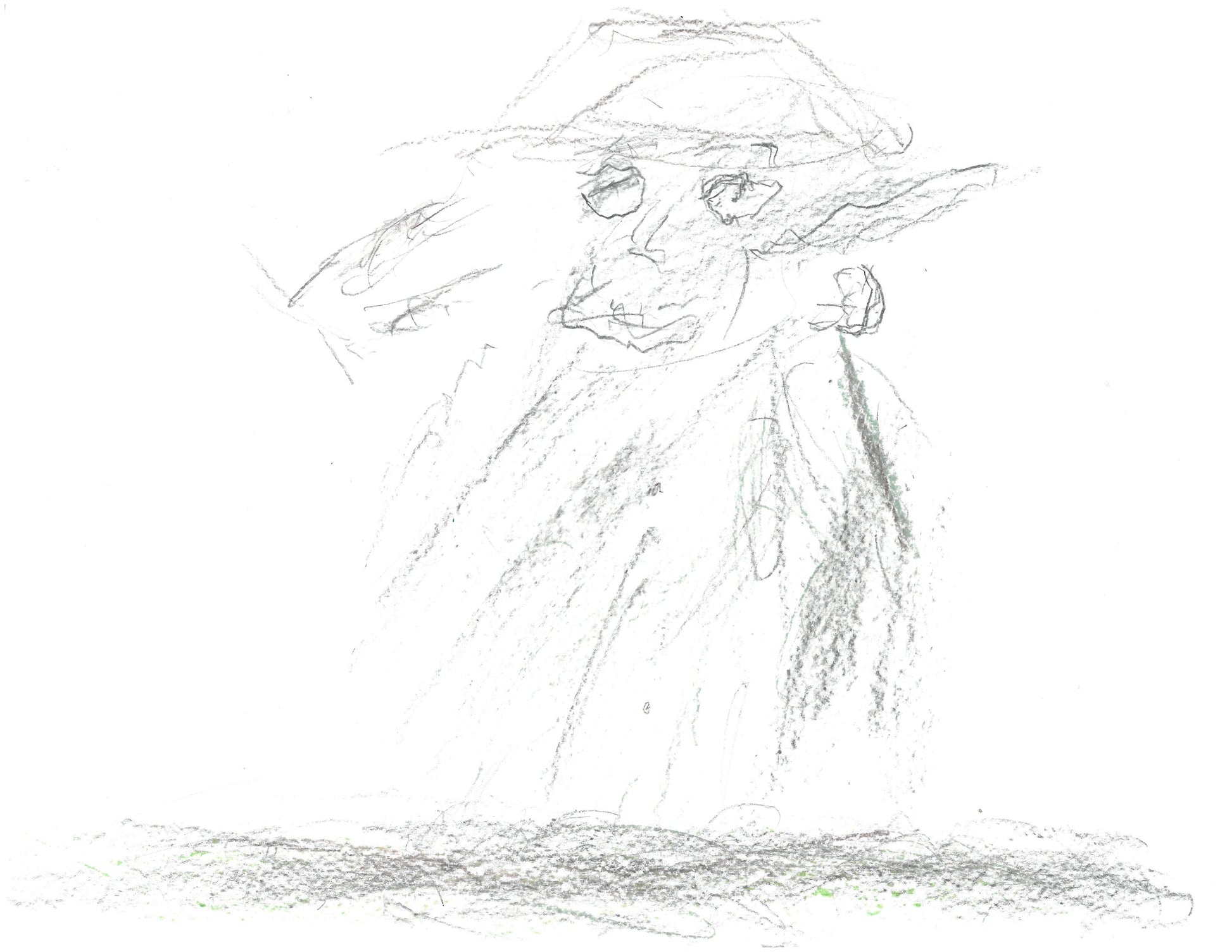 Graphite drawing of a person with a hat and coat standing. The facial features are drawn darker and finer than the shaded outlines. There are faint buttons drawn going down the torso of the person