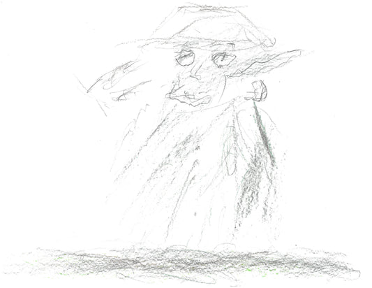 Graphite drawing of a person with a hat and coat standing. The facial features are drawn darker and finer than the shaded outlines. There are faint buttons drawn going down the torso of the person