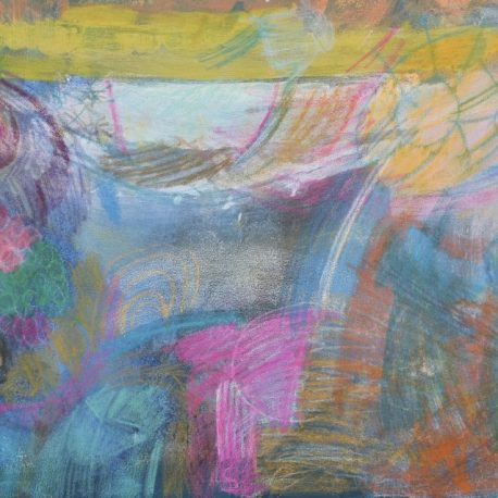 Painting on canvas mostly of different shades of blue, the top section is yellow. On top of the paint, the artist drew flowers, suns, and sections of colors using oil pastel. The pastels blend into the paint and become translucent