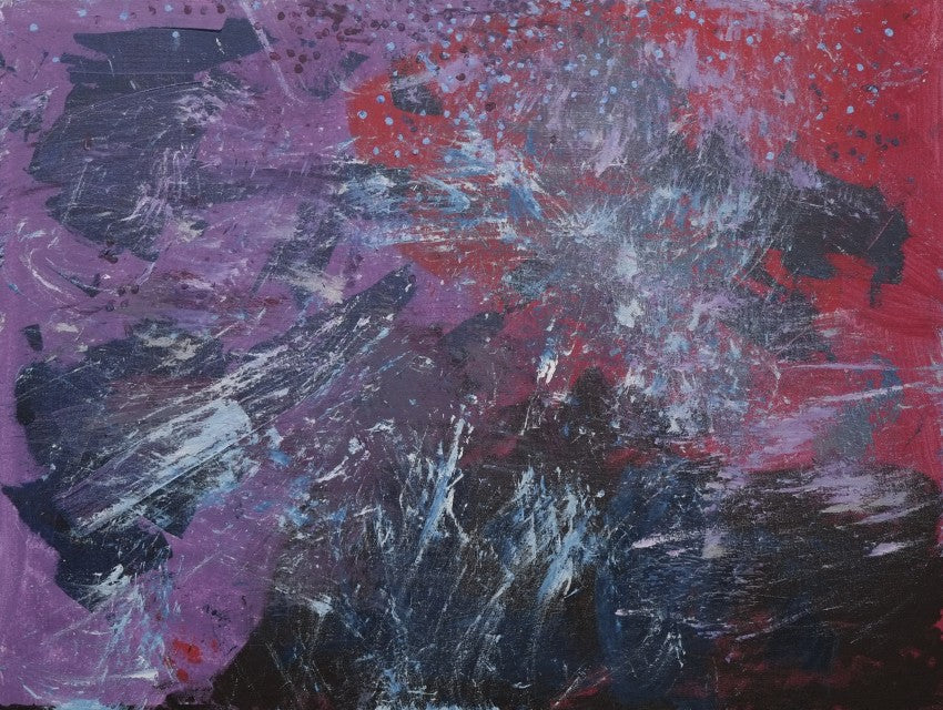 Painting on Canvas broken into thirds, the left side is light purple. the right upper corner is red and underneath is a maroon color. Uniting the whole painting is a series of rapid brushstrokes of light blue.