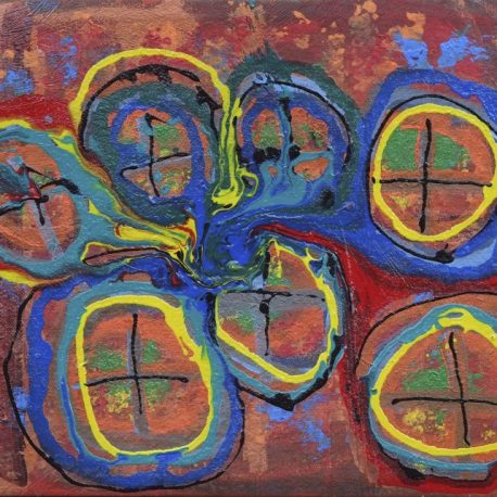 Acrylic on canvas artwork with dark red and orange background beneath dark blue, yellow, black and green interlocking circles