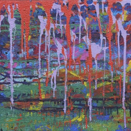 Acrylic on canvas artwork with horizontal background of blue, green, black and yellow lines with dripping red and lavender paint coming from the top edge