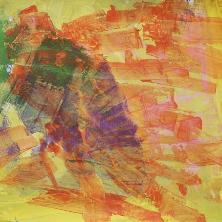 Acrylic on paper artwork inspired by sun rays. The piece is a yellow background with green, purple, and red/orange paint strokes overlaid