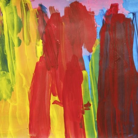 Acrylic on paper artwork inspired by the sunrise. Large yellow and red vertical streaks are atop cotton candy pink and blue in the top right corner
