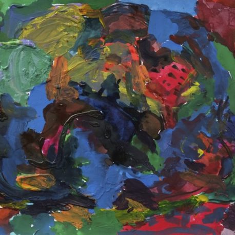 Ink on paper artwork with textured looking paint of green, blue, yellow, black and orange surrounding a red circle with black dots. The artwork is inspired by the garden of a ladybug