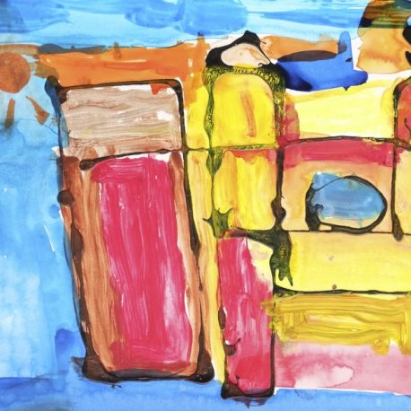 Acrylic on paper abstract art with varying squares and rectangles in blue, orange, yellow and red with black outline