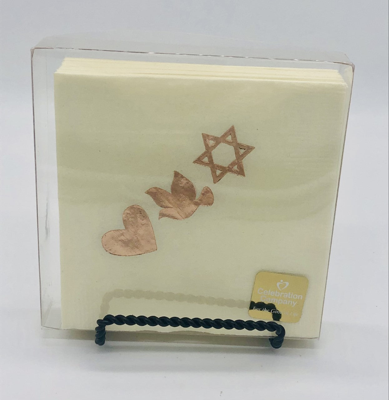 Ivory cocktail napkin with gold heart, dove and Jewish star graphics