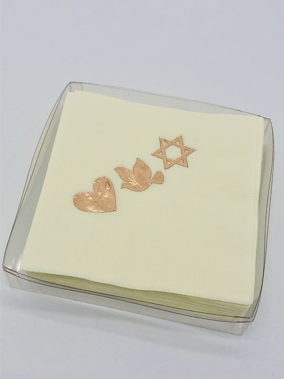 Ivory cocktail napkin with gold heart, dove and Jewish star graphics