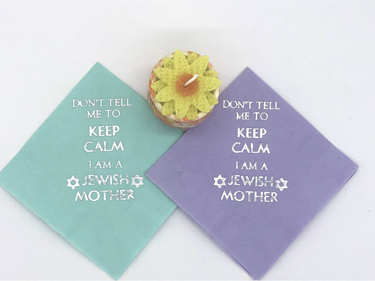 Seafoam and lavender cocktail napkins with silver Don't Tell Me To Keep Calm I am a Jewish Mother slogan