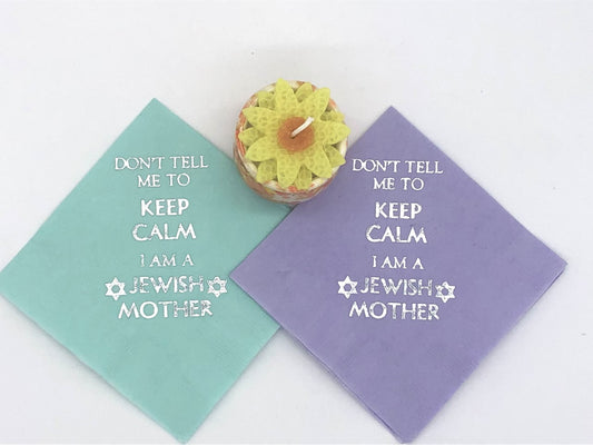 Seafoam and lavender cocktail napkins with silver Don't Tell Me To Keep Calm I am a Jewish Mother slogan