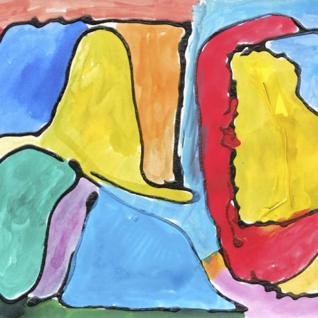 Ink on paper abstract artwork depicting shapes of blue, yellow, orange, red, seafoam, and purple with black outline