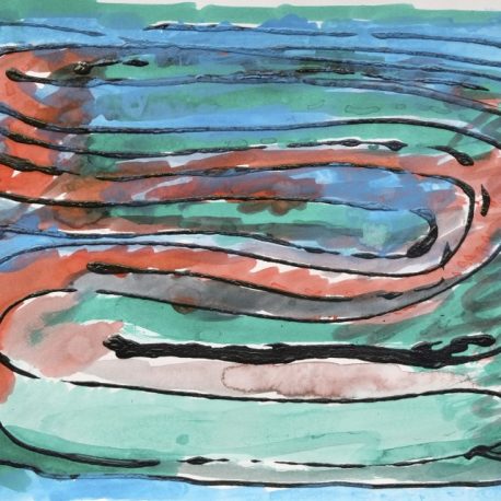 Acrylic on paper artwork with seafoam, light blue, orange and brown watercolor background with black swirling horizontal lines