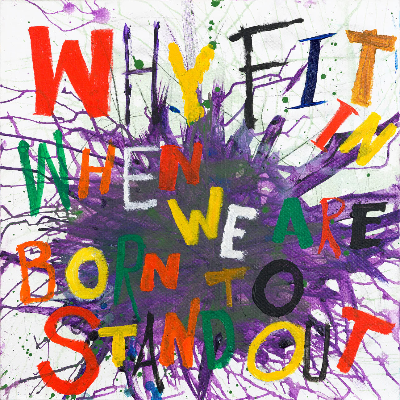 abrstract painting that has colorful words that says why fit in