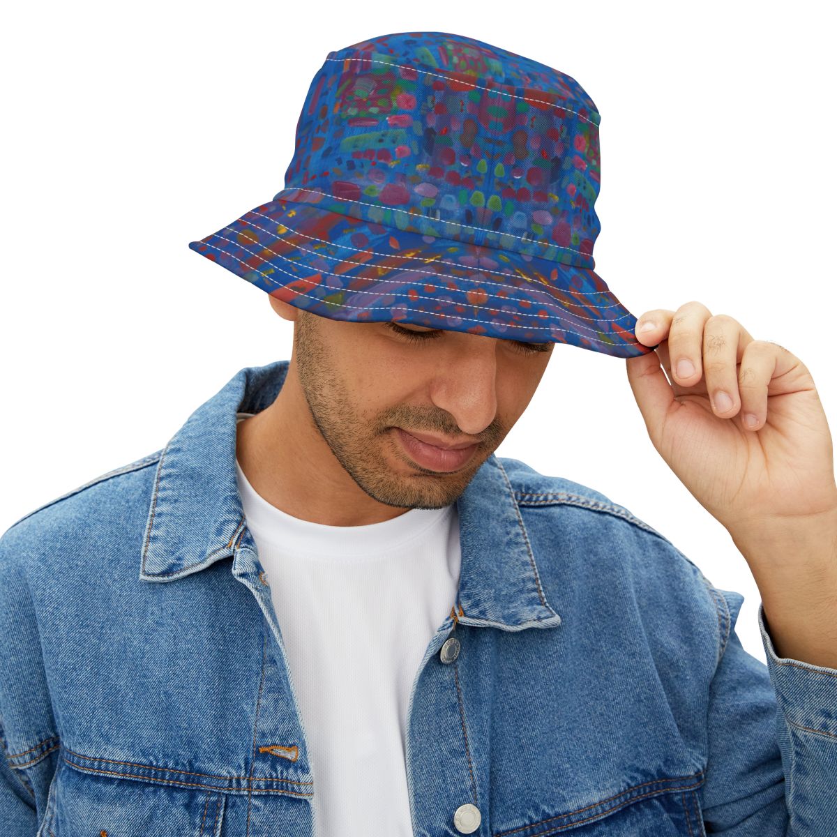 bucket hat of an Abstract blue painting on canvas with red and yellow lines