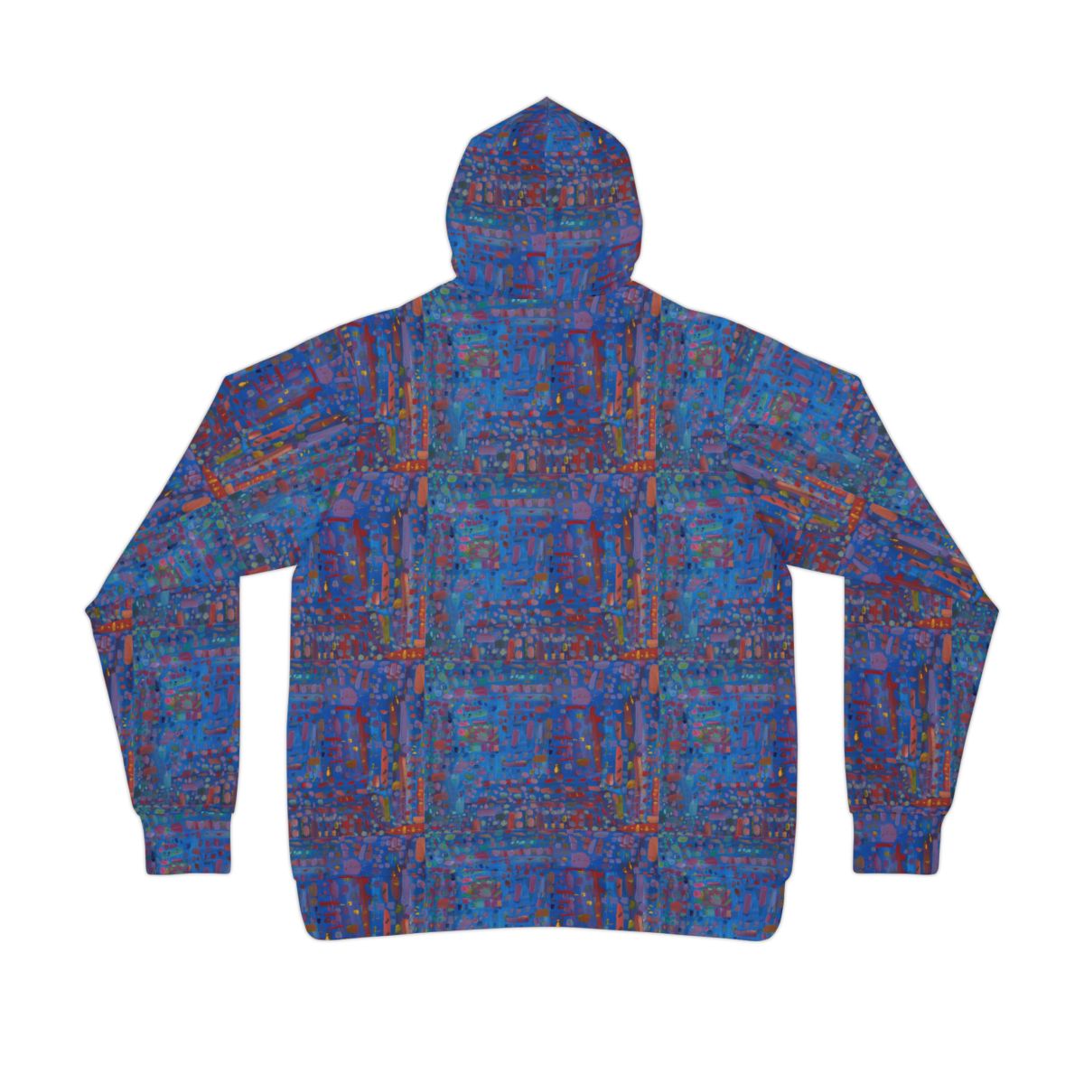 hoodie of an Abstract blue painting on canvas with red and yellow lines