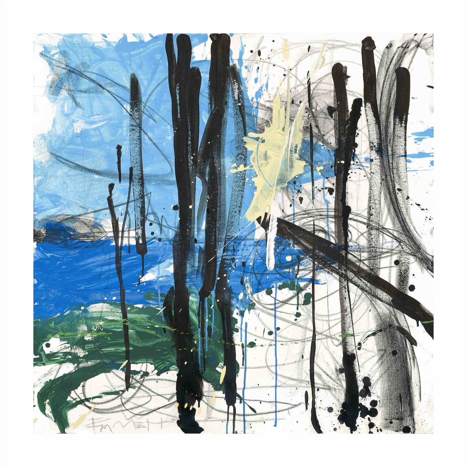 Abstract painting of black lines over a white, blue and green background