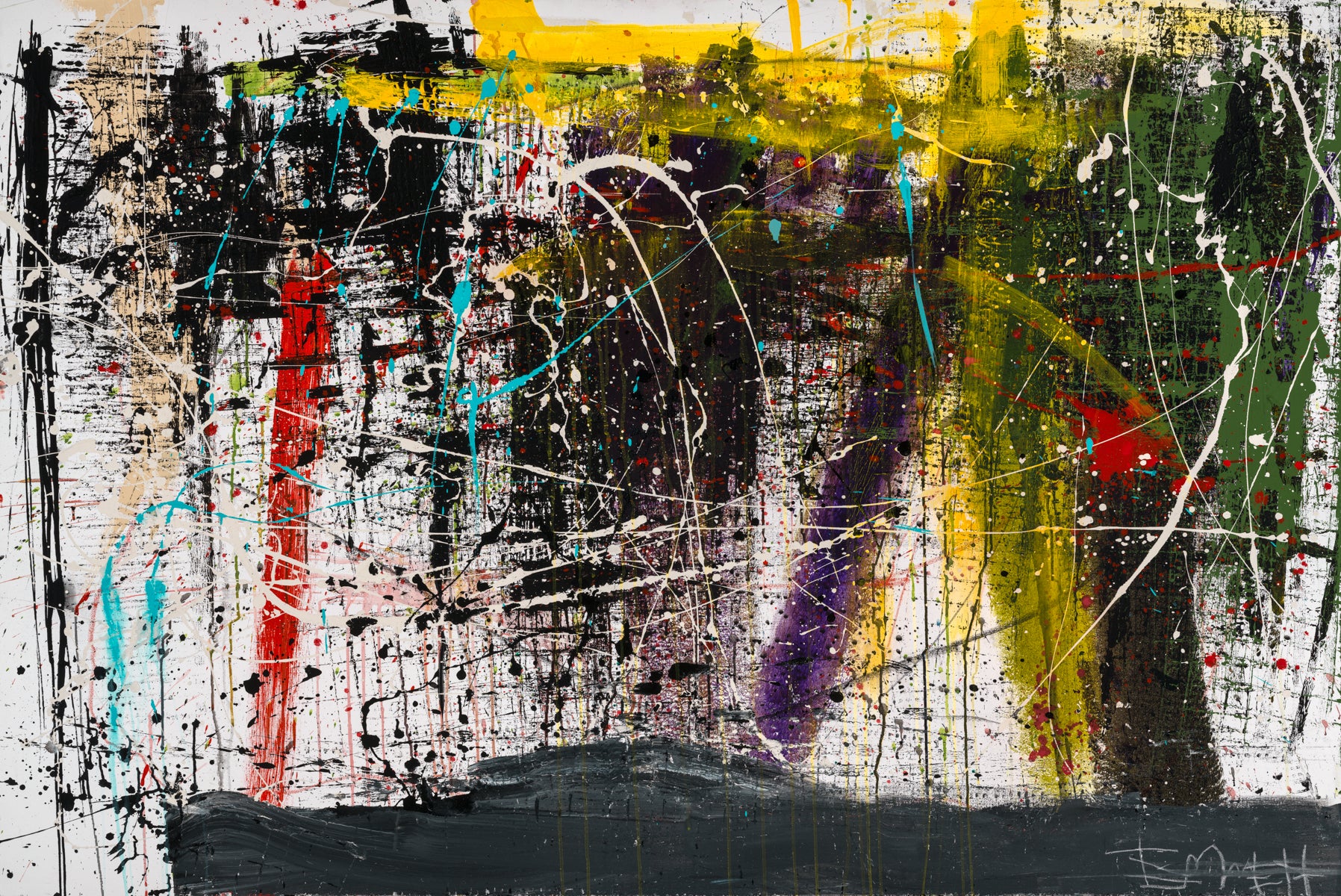 Abstract painting of red, yellow, purple, and teal lines on a black and white background