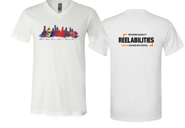 shirt with city skyline and reel abilities logo on the back