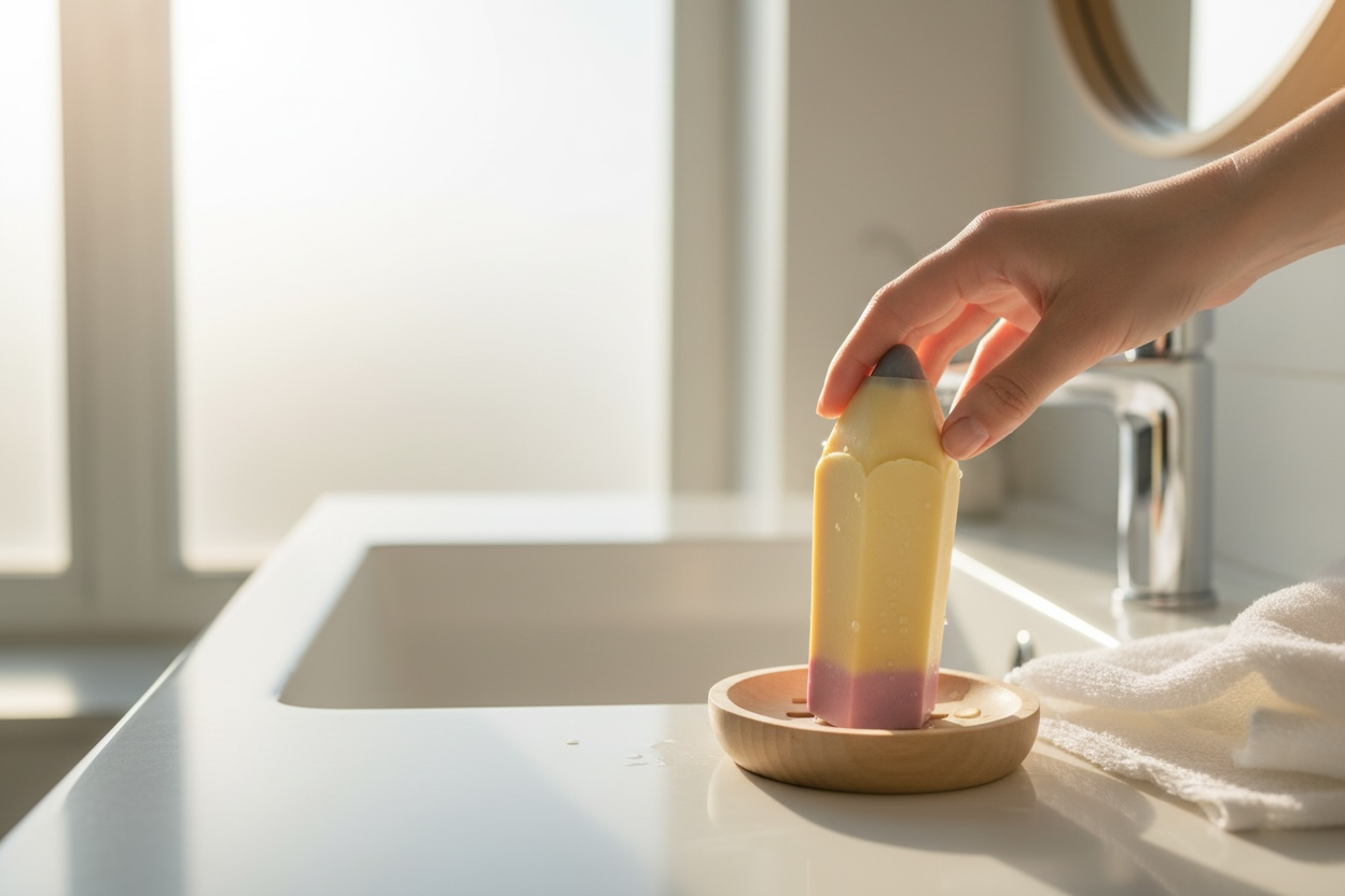 The soap is composed of three distinct, vibrant color blocks that represent the different parts of a classic No. 2 pencil: