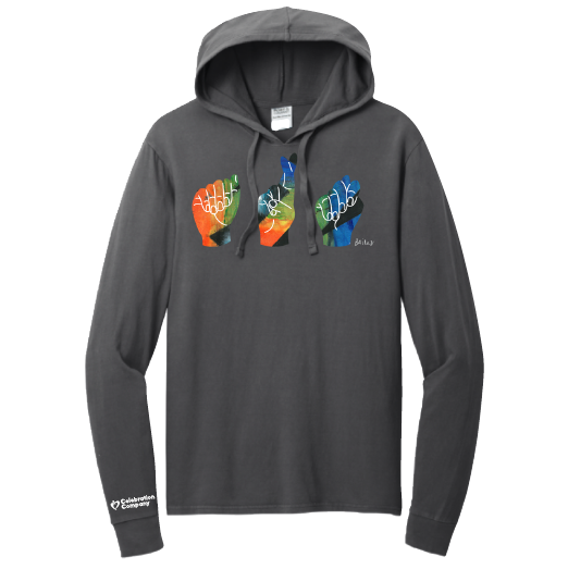 Charcoal Grey, Longsleeved Adult hoodie with colorful artwork on front chest that reads "ART" in ASL. Also, small Celebration Company logo on right sleeve cuff.