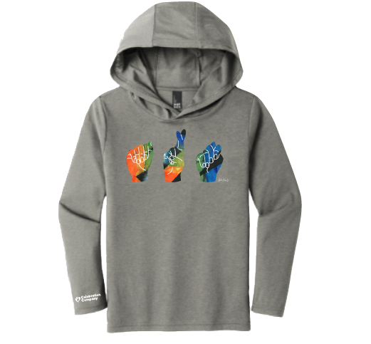 Frosted Grey color Longsleeved youth hoodie with colorful artwork on front chest that reads "ART" in ASL. Also, small Celebration Company logo on right sleeve cuff.