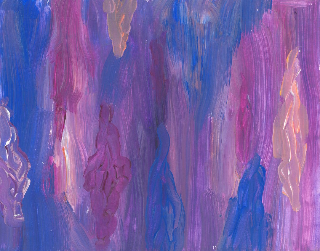 Abstract painting of verticle paintstokes of different thicknesses of purples and pinks