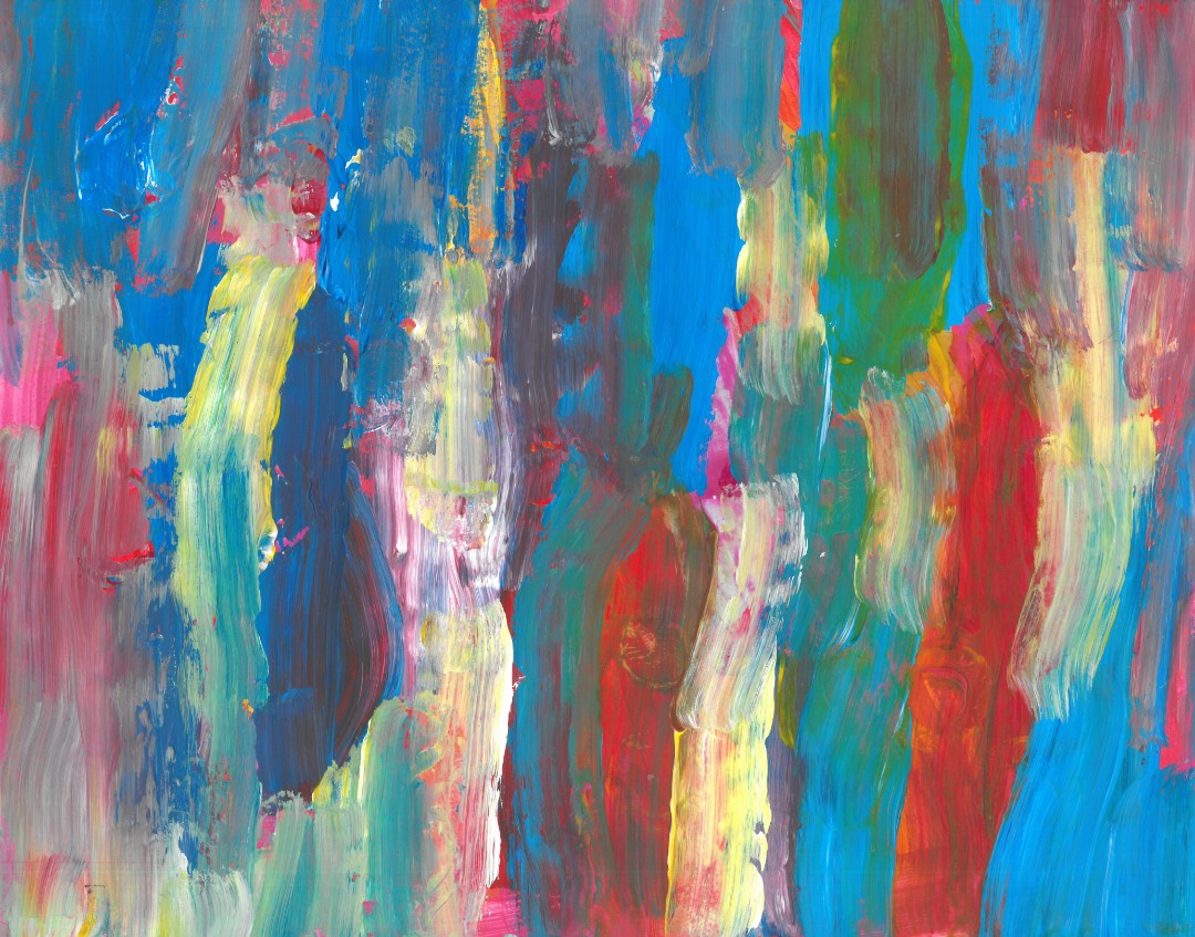 abstract painting with short vertical paint strokes of mostly blue with lines of yellow and red