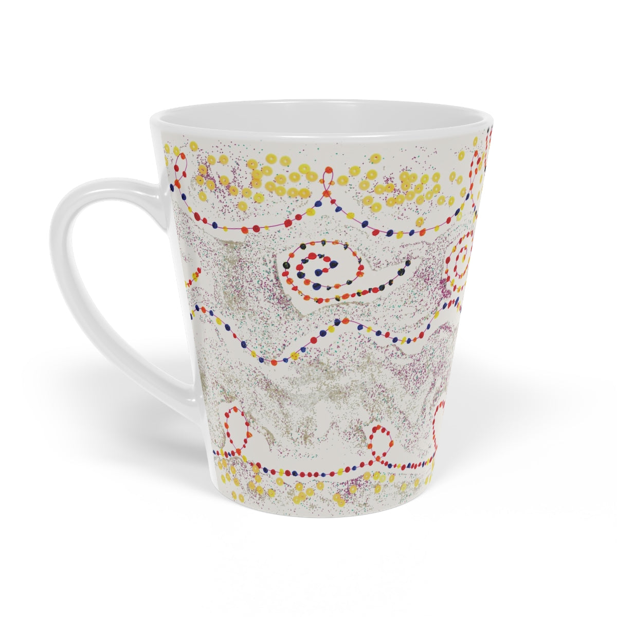 mug of an Abstract Painting with swirls of dots in a line and specks of beads in the background