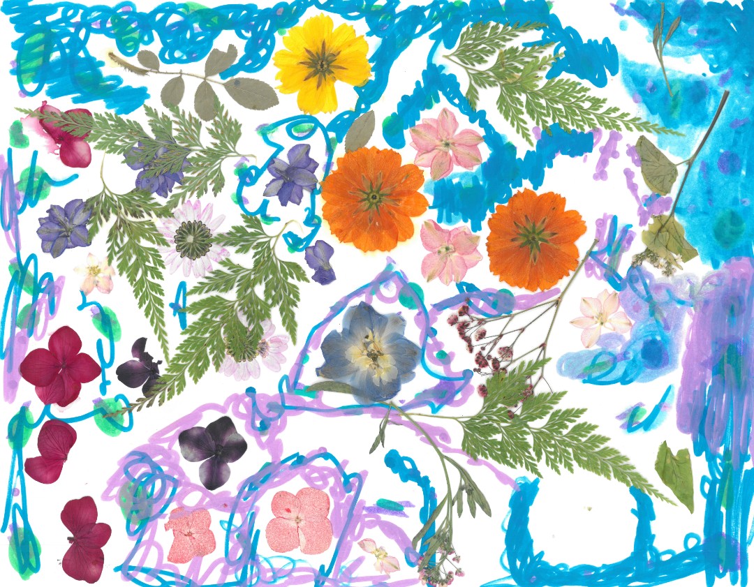 mixed media of dried flowers and leafs surrounded by blues and purples 