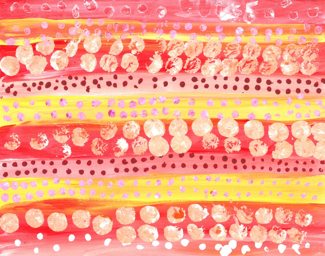 Abstract painting of pinks and yellow stripes with various sized polka dots