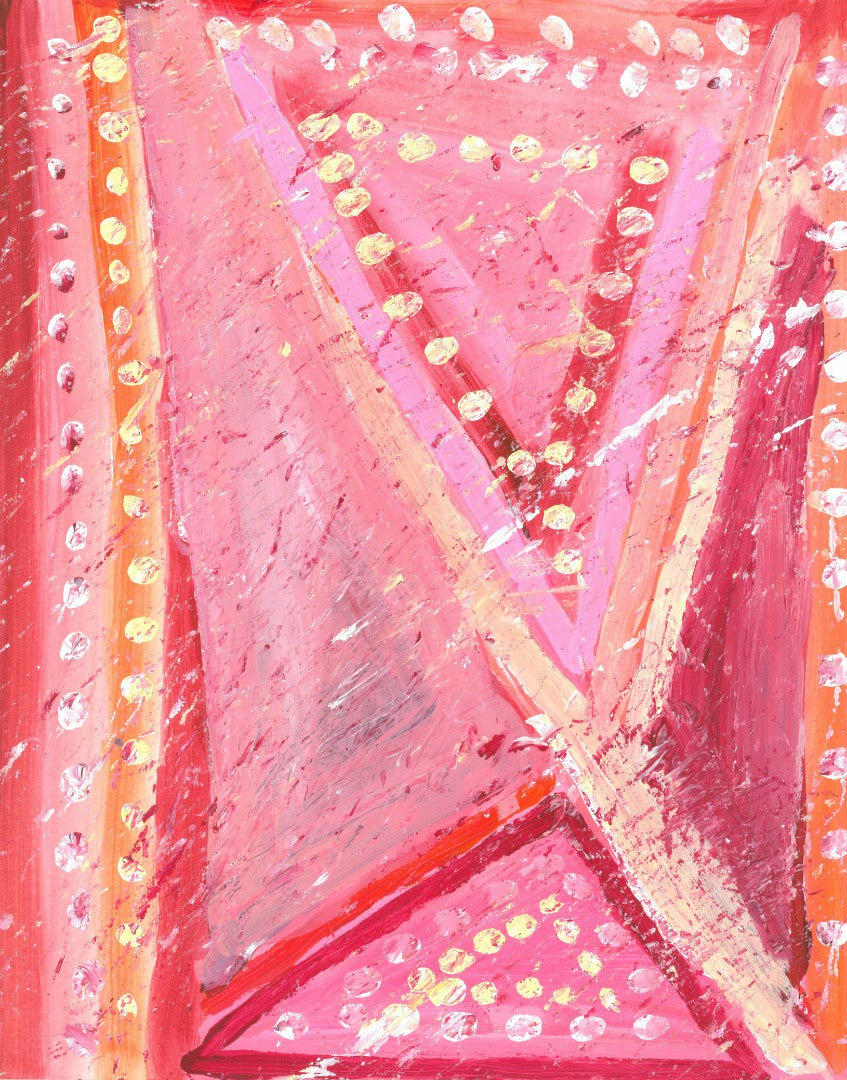 abststract painting of pinks withe lines that divide the paper into triangles