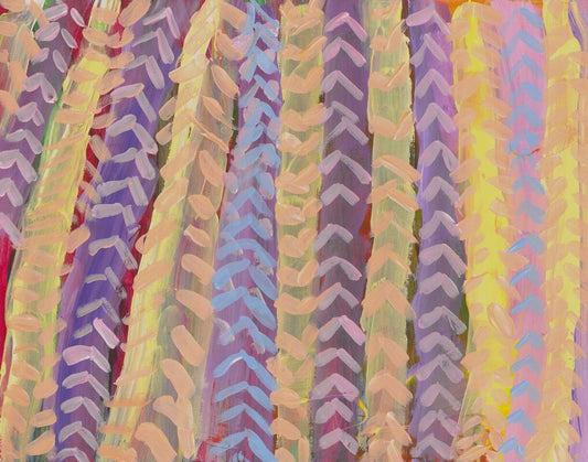 pink and yellow striped painting with pattern of arrows on top