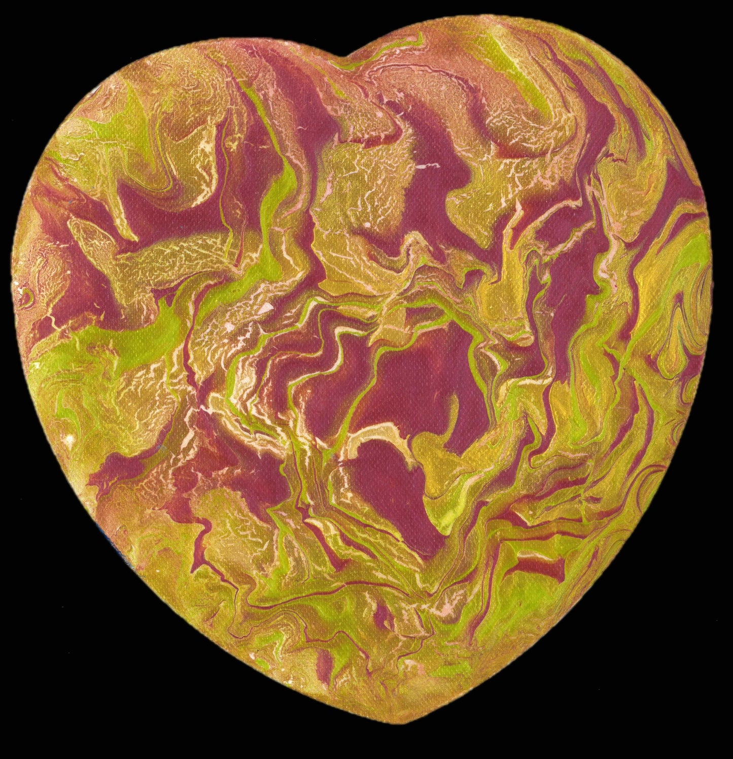 abstract painting of red and golld swirls on a heart shapped canvas