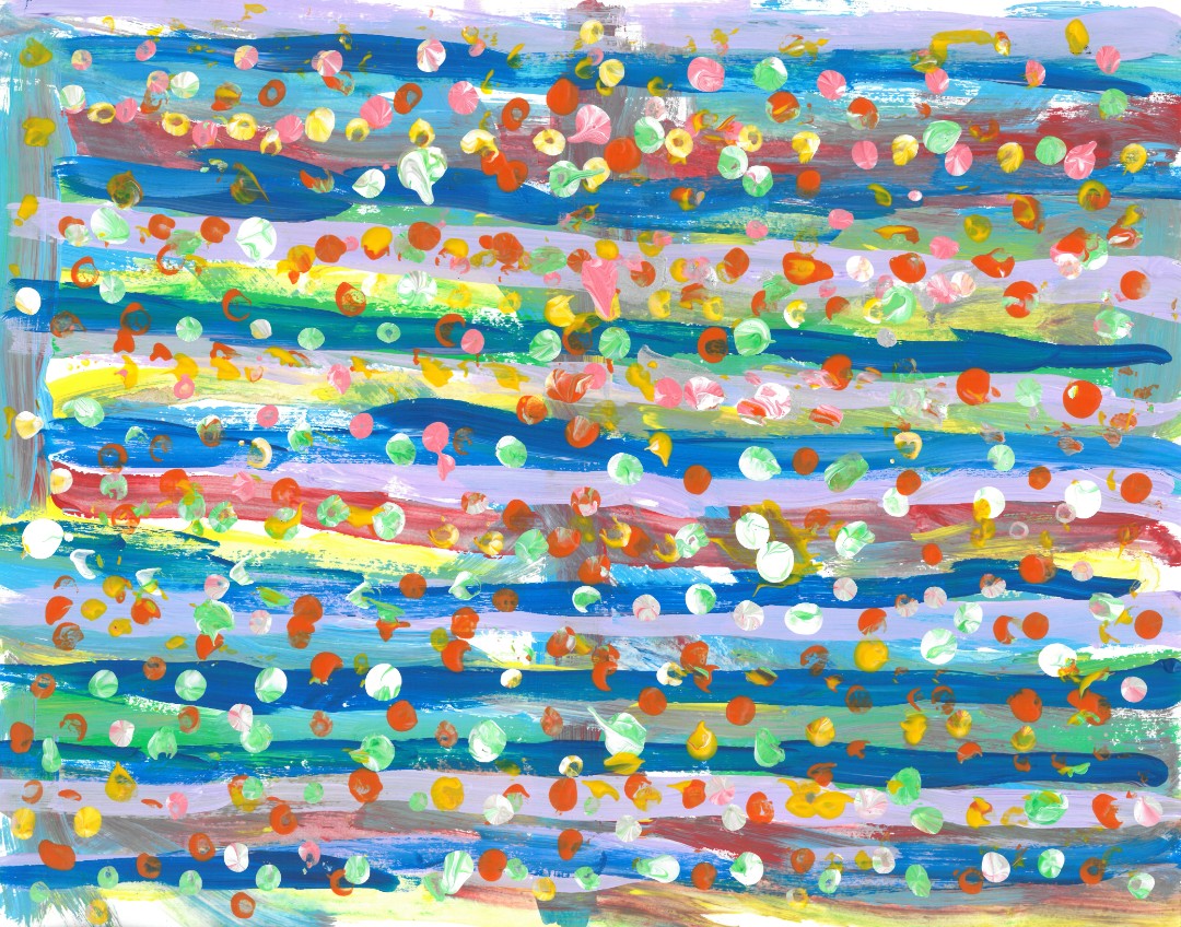 Abstract painting of colorful dots on a background of colorful stripes