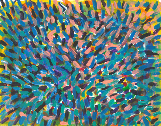 Abstract painting of blue, pink, and yellow dashes