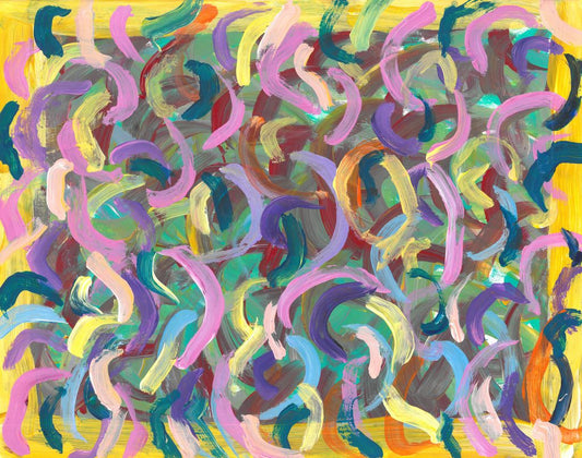 Abstact painting with curved purple, pink, yellow, blue, and green lines layered