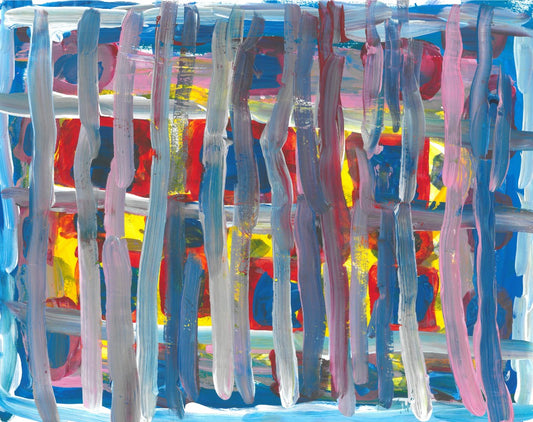 Abstract painting of criss crossing blue and pink stripes