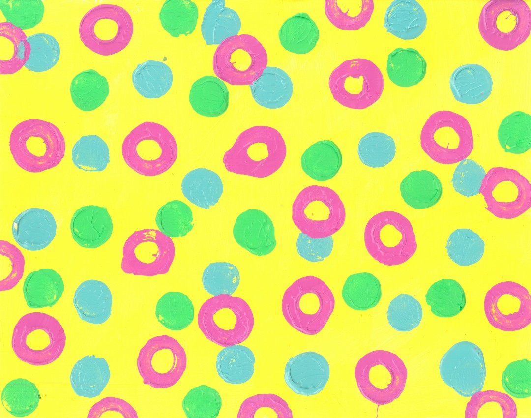Abstract painting of red circles and green and blue spots on a yellow background