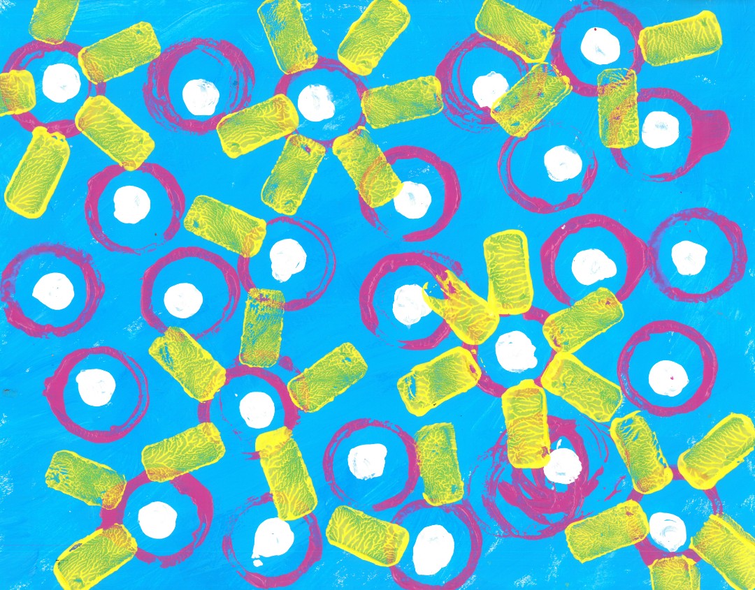 Abstract painting of white spots, red circles, and yellow rectangles on a blue background