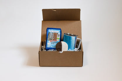 box with mug, coffee, and cookie