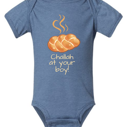 blue onesie with saying challah at your boy with an image of a challah