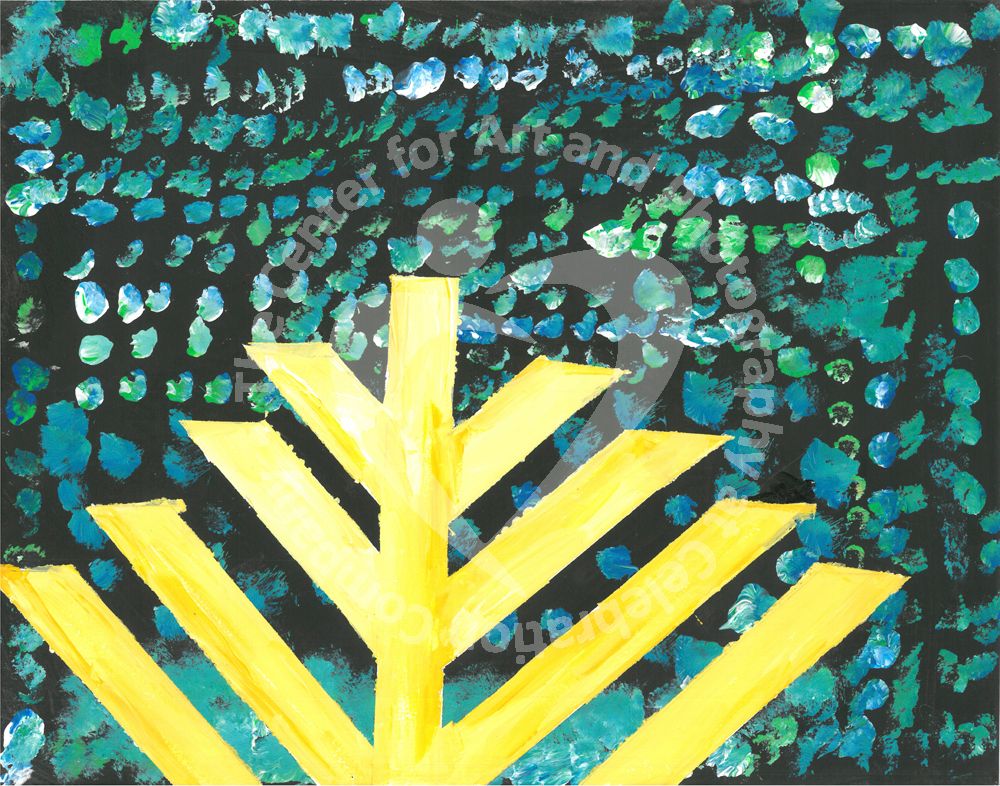 A yellow painted menorah against a black background with blue and green dots