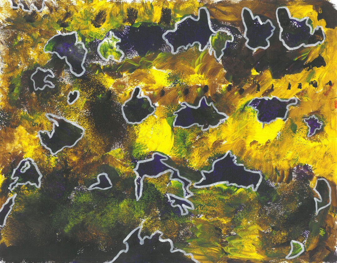 Abstract painting of black and white designs on a yellow and black background