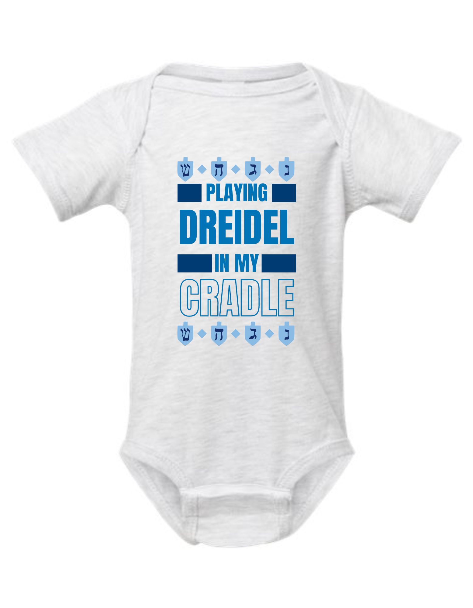 white baby onesie with dreidels and text that says 'playing dreidel in my cradle'