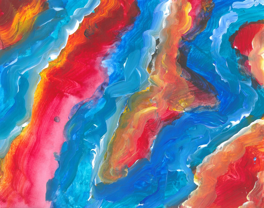 Abstract painting of waving blue and red stripes